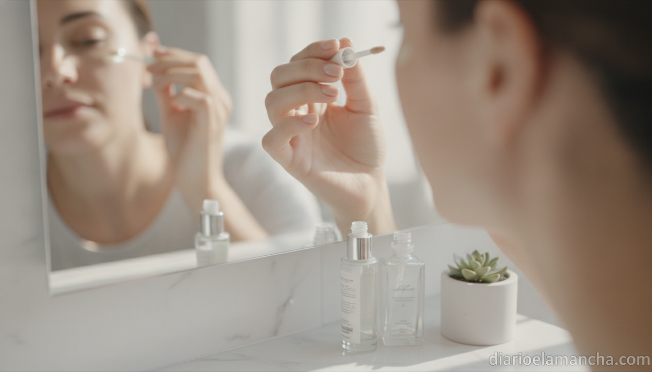 Aplicación de corrector de ojeras frente al espejo