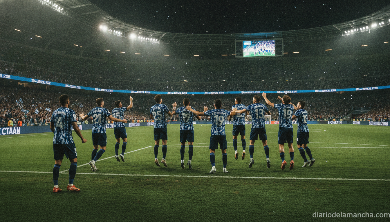 Football players celebrating a goal in a large modern stadium during an international World Cup match, dramatic night ligh...