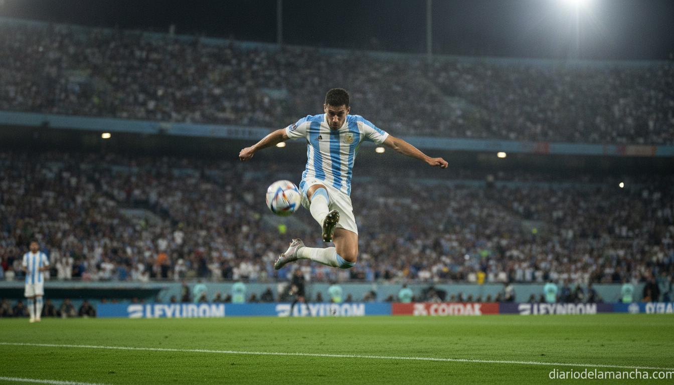 Realistic photojournalism-style photo of a football player mid-volley kick in a packed World Cup stadium at night, dramati...