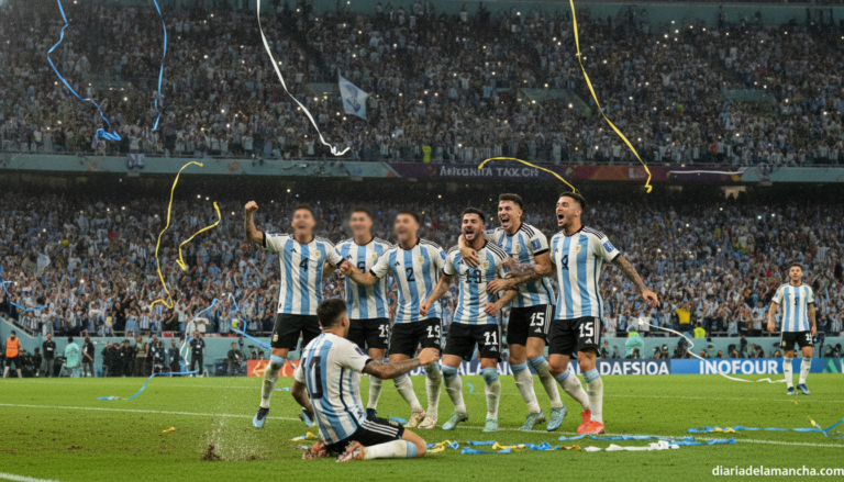 Action photo of a football match in a packed World Cup stadium at night, players in sky blue and white striped jerseys cel...