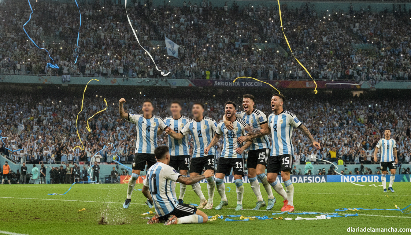 Action photo of a football match in a packed World Cup stadium at night, players in sky blue and white striped jerseys cel...