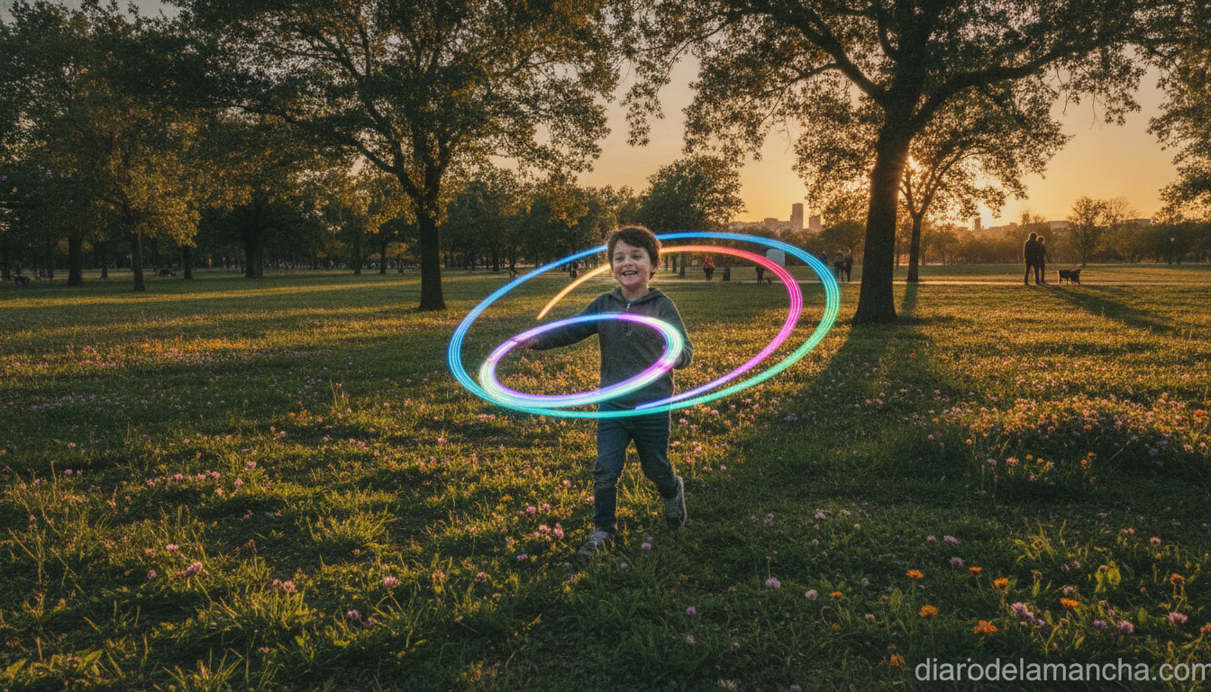 Nino jugando con aro volador LED en el parque