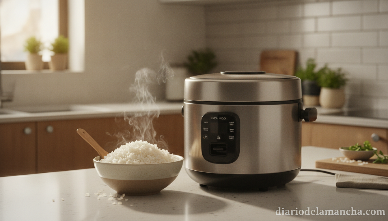 Arrocera eléctrica cocinando arroz perfecto en la cocina