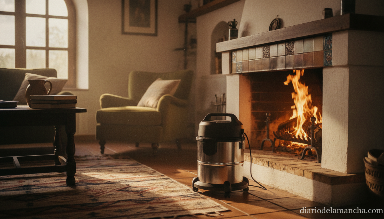 Cómo mantener tu estufa o chimenea impecables con el aspirador de cenizas favorito en Amazon 1 Aspirador de cenizas junto a una chimenea encendida en un salón