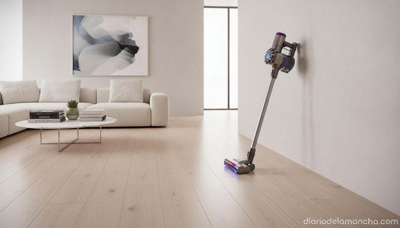 Aspiradora sin cable Dyson en salón moderno con suelos limpios