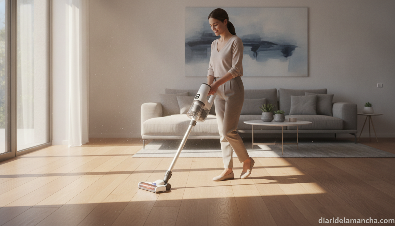 La última aspiradora Dyson ajusta potencia, ilumina polvo y ahora es 200€ más accesible 1 Aspiradora Dyson sin cable usada en el salón de una vivienda