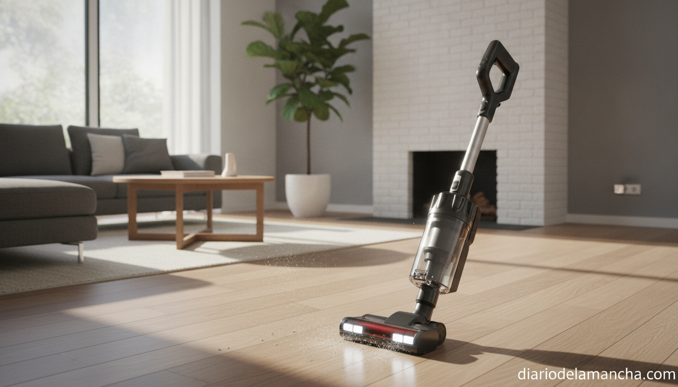 El dyson v15 detect absolute se agota nuevamente y transforma la limpieza del hogar según quienes lo han probado 1 Aspiradora escoba sin cables limpiando un salón