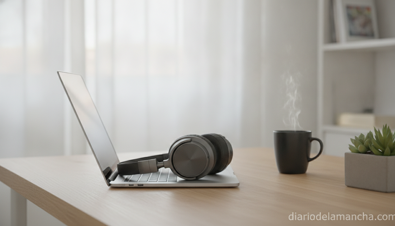 Auriculares inalámbricos sobre un escritorio de teletrabajo