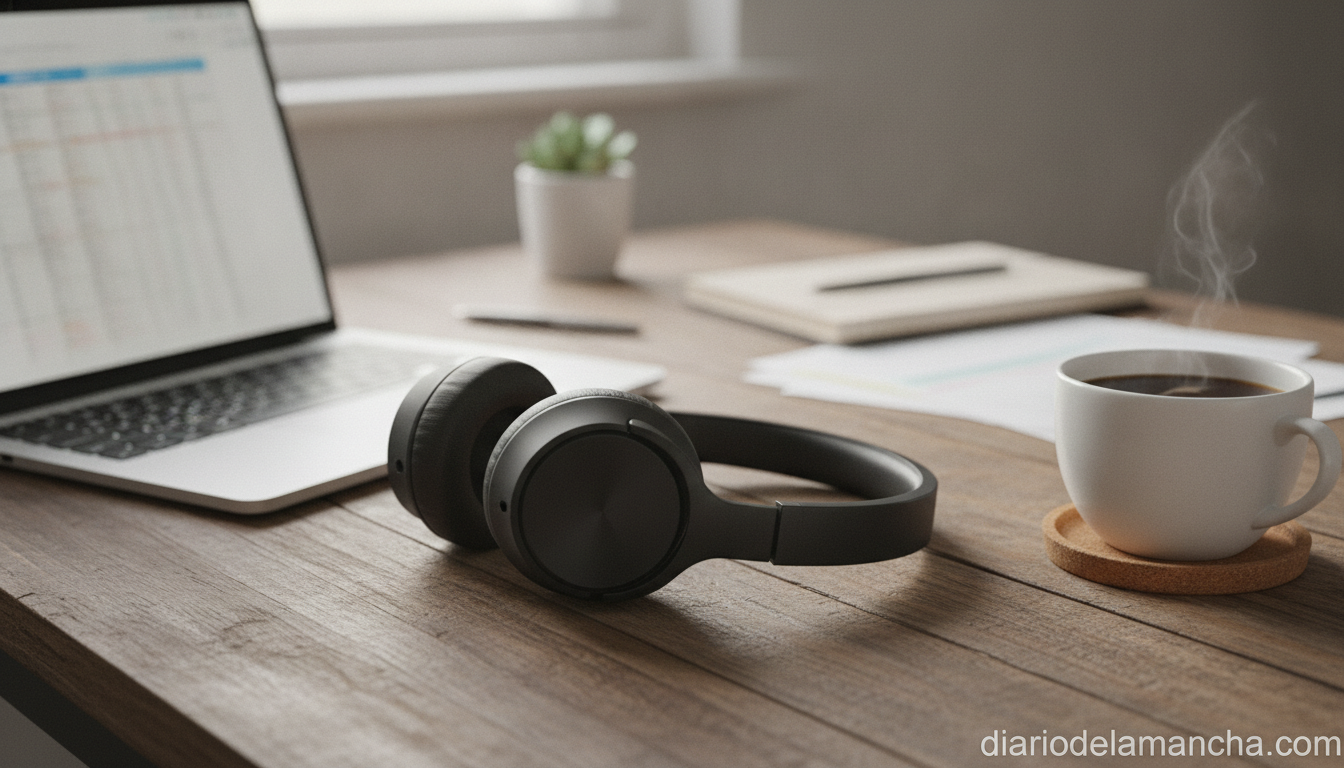 Auriculares inalámbricos Lenovo HD200 sobre escritorio de oficina