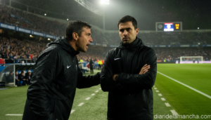 Realistic photojournalistic close-up of a tense moment between two football coaching staff members on the sideline of a pa...