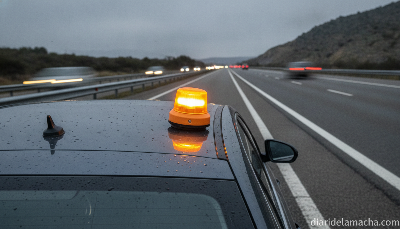 Las 7 balizas V16 conectadas y homologadas por la DGT en 2026 más destacadas 1 Baliza V16 homologada DGT colocada en el techo de un coche en carretera