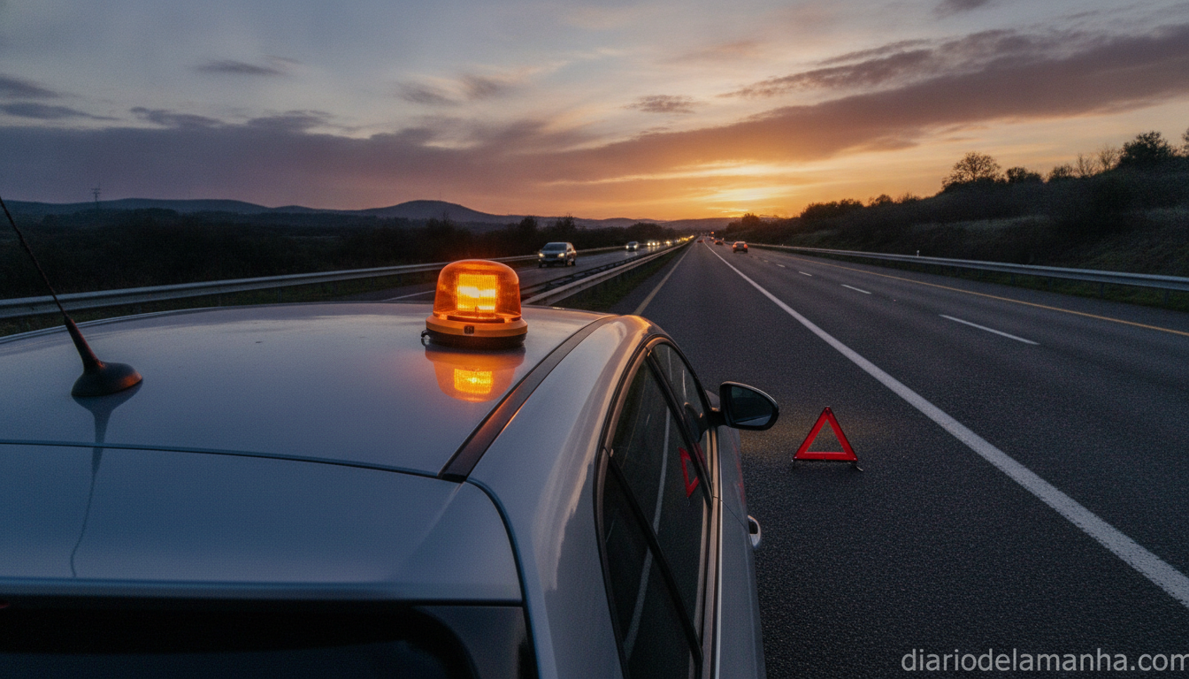 Baliza V16 homologada DGT encendida en el techo de un coche