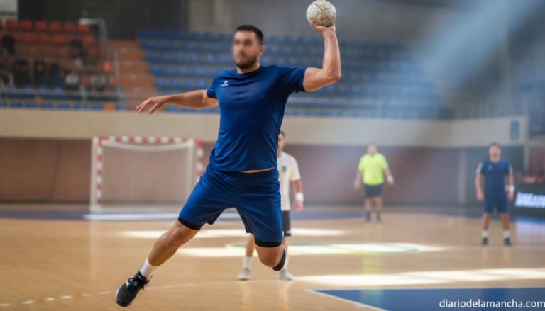 Male handball player in action, athletic build, mid-game moment, blurred indoor sports hall background, no jersey numbers ...