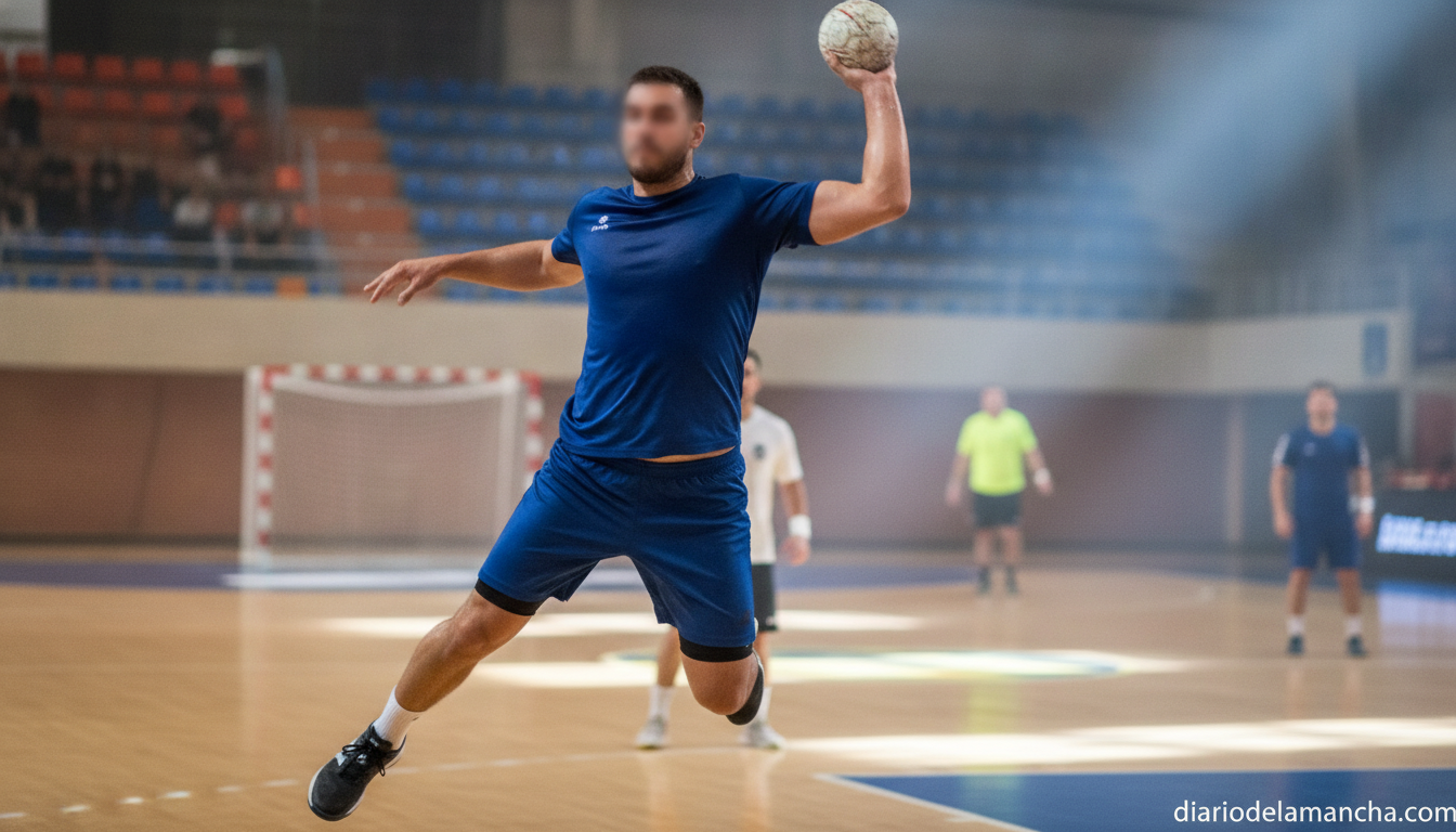 Male handball player in action, athletic build, mid-game moment, blurred indoor sports hall background, no jersey numbers ...