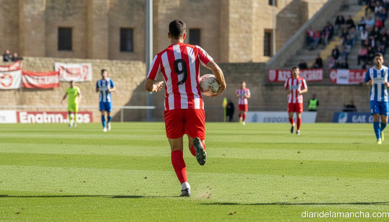 A football player in a red and white jersey running with the ball on a green grass pitch during a regional Spanish footbal...