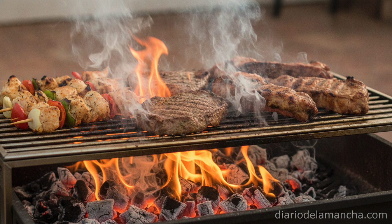 Enciende la primavera con una barbacoa de carbón por menos de 60 euros 2 Alimentos asándose sobre carbón en barbacoa de acero inoxidable