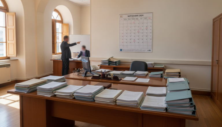 Fotografia periodistica realista de una oficina administrativa educativa en Castilla-La Mancha: mesa con documentos y carp...