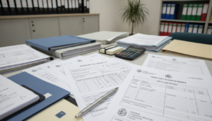 Documentos administrativos y hojas de calificaciones sobre una mesa ordenada, baremo de méritos para oposiciones públicas ...