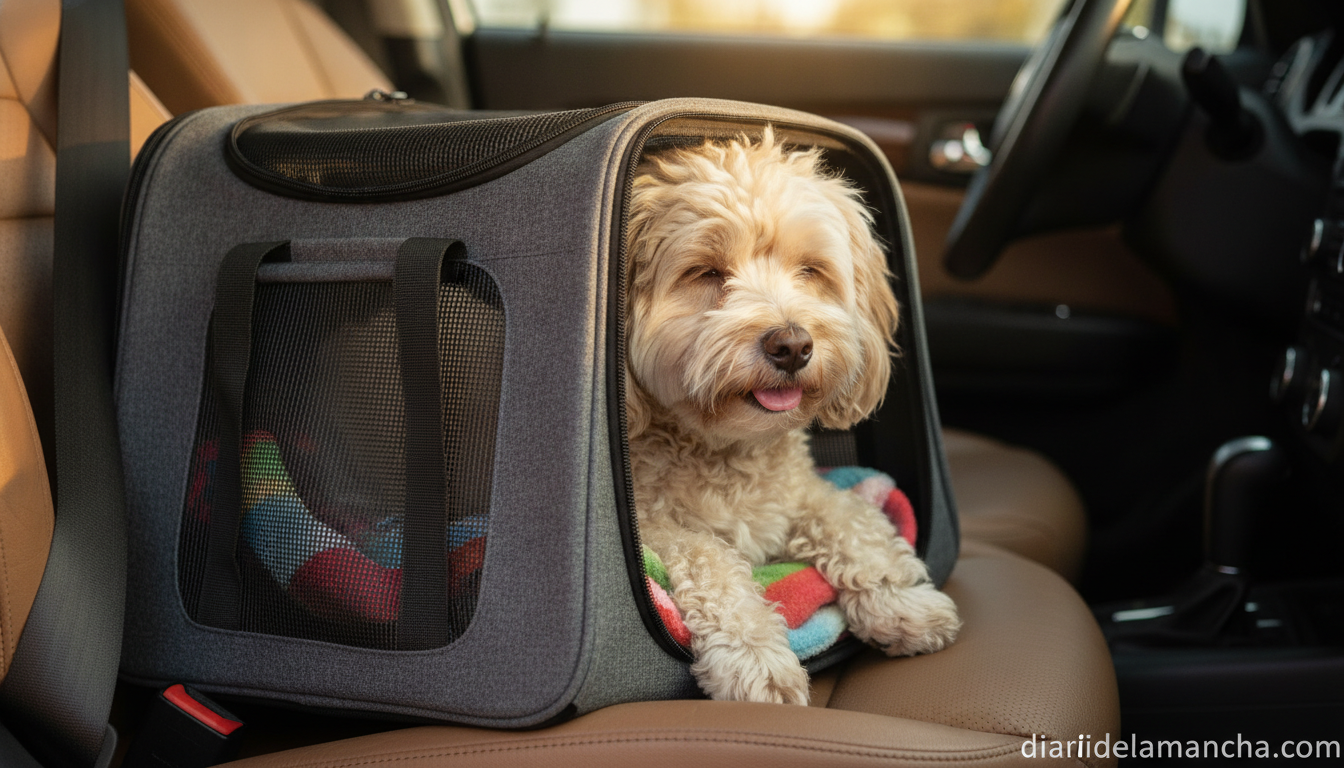 Perro pequeño dentro de bolsa de transporte para mascotas con rejillas de ventilación