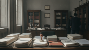 Fotografia periodistica realista de una oficina de administracion educativa, mesa con documentos oficiales y sello del Bol...