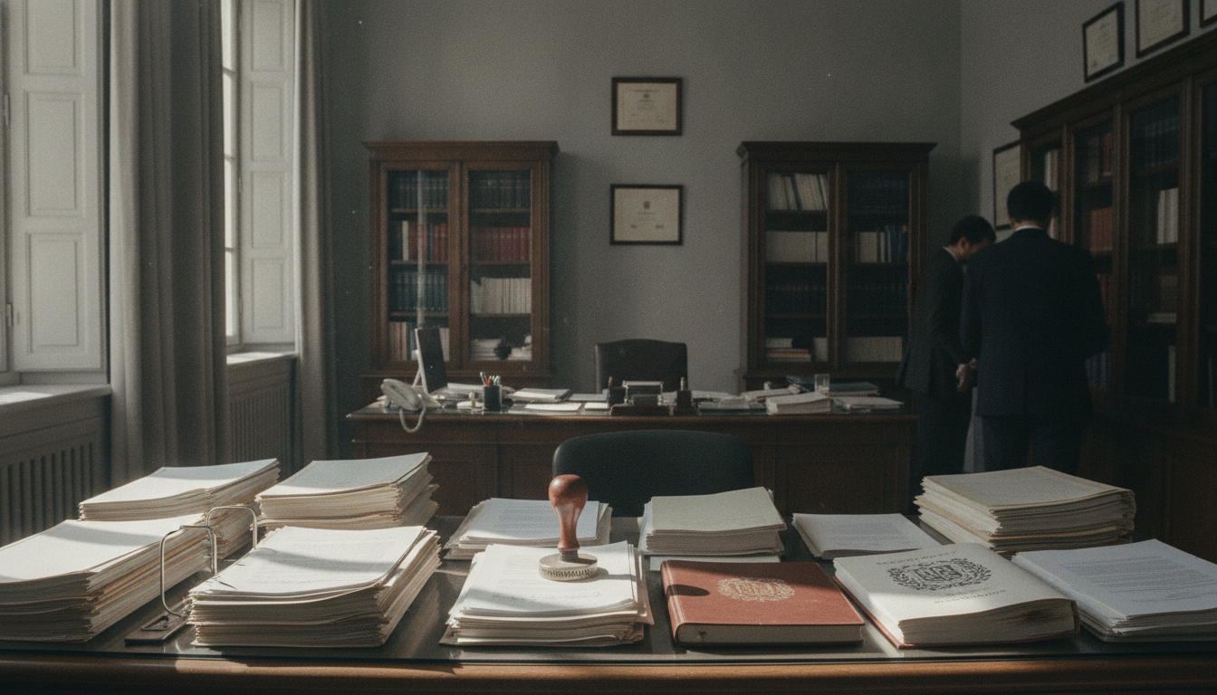 Fotografia periodistica realista de una oficina de administracion educativa, mesa con documentos oficiales y sello del Bol...