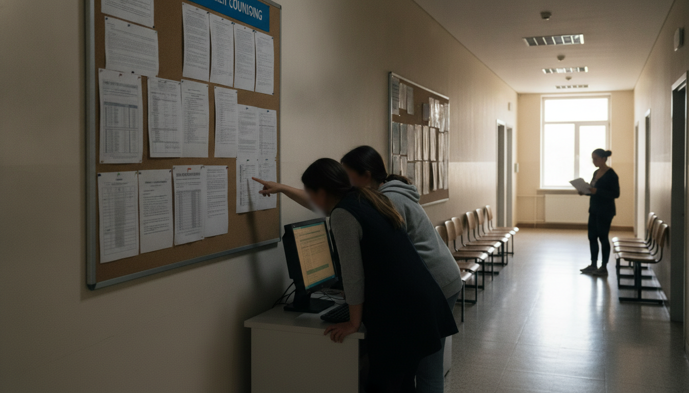 Fotografia periodistica realista de un pasillo de consejeria de educacion con tablon de anuncios y personas consultando li...
