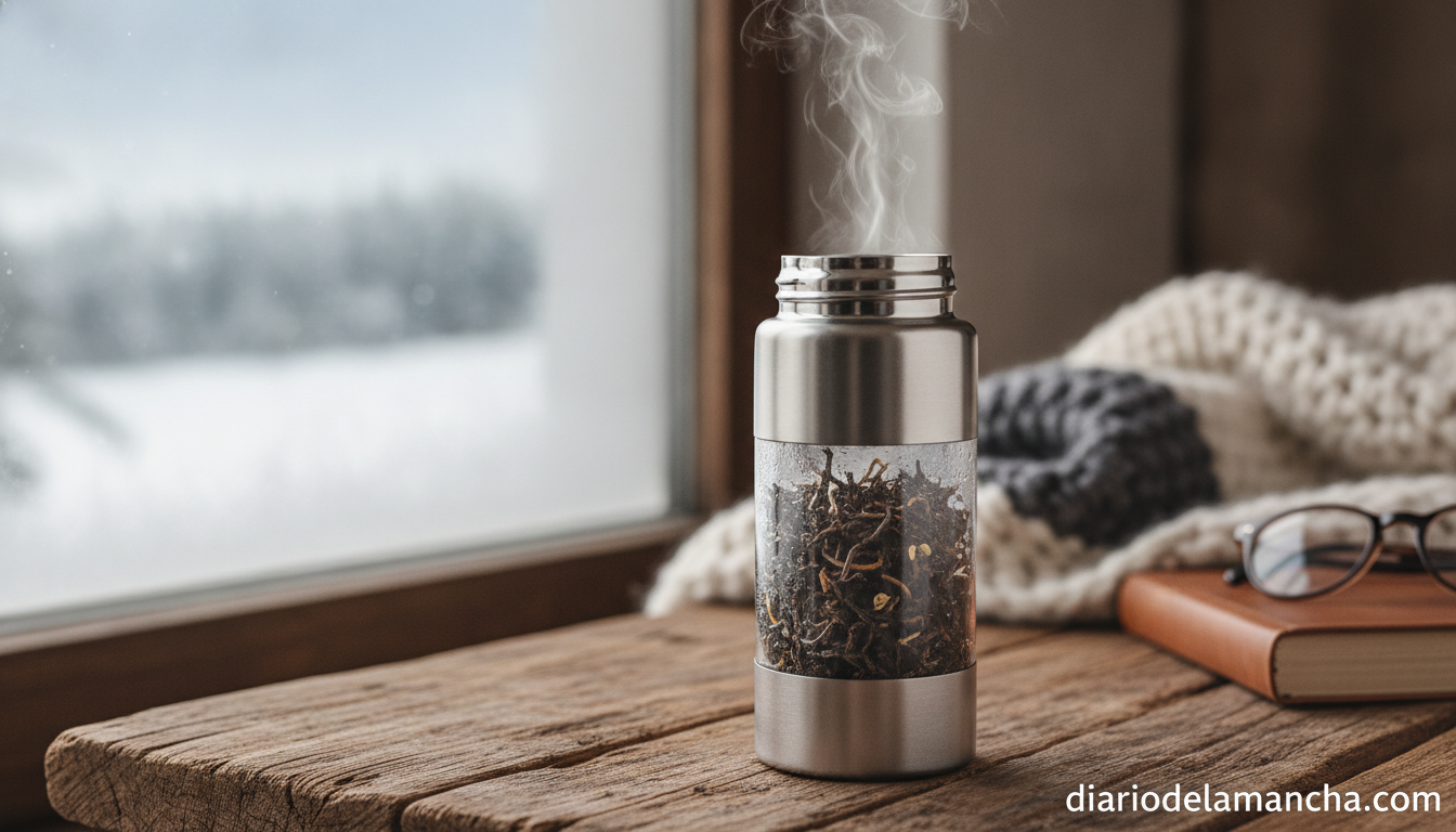 Botella infusora de acero inoxidable con té caliente