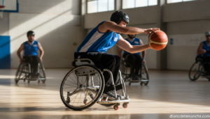 Wheelchair basketball player in action on an indoor sports court, team jersey without identifiable logos, passing the ball...