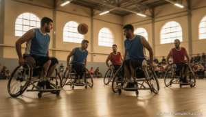 Realistic photojournalism style image of a wheelchair basketball match in an indoor sports pavilion, players in sports whe...