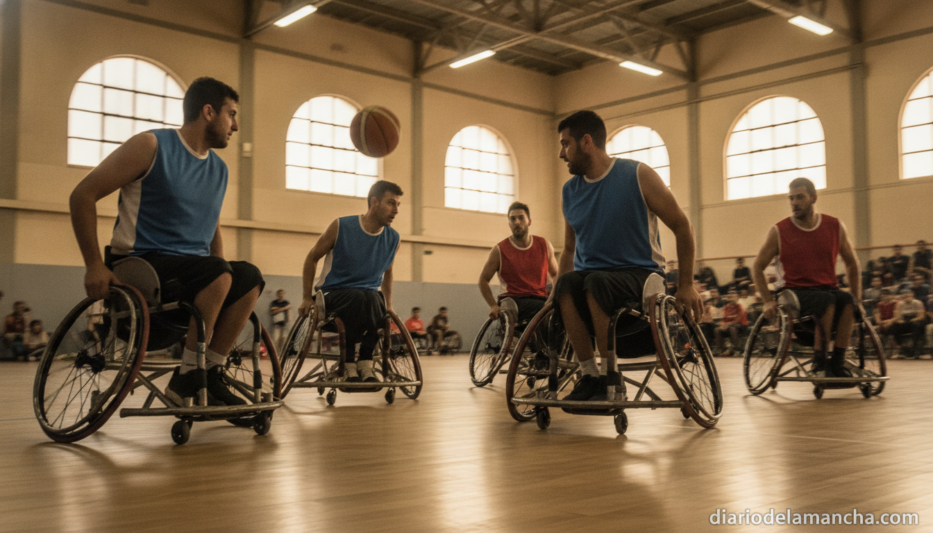 Realistic photojournalism style image of a wheelchair basketball match in an indoor sports pavilion, players in sports whe...