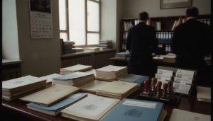 Fotografia periodistica realista de una oficina de administracion educativa espanola: mesa con documentos y calendario de ...