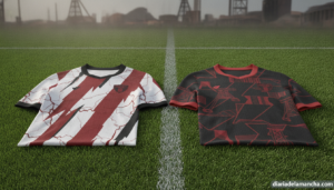 Press photo of a folded football away and home jersey mockup laid on a stadium grass pitch, mining town aesthetic subtle, ...
