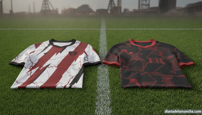Press photo of a folded football away and home jersey mockup laid on a stadium grass pitch, mining town aesthetic subtle, ...
