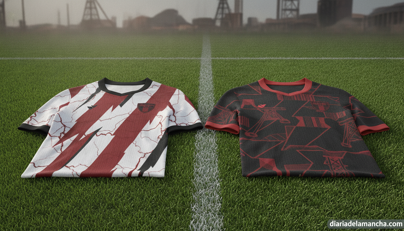 Press photo of a folded football away and home jersey mockup laid on a stadium grass pitch, mining town aesthetic subtle, ...