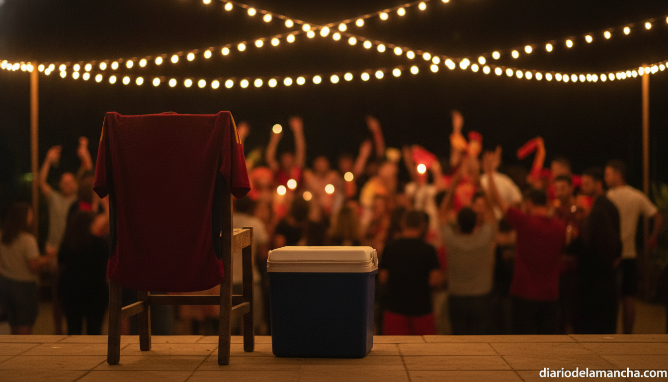Evening scene on a Spanish terrace, a red national football jersey hanging on a chair next to a portable cooler and string...