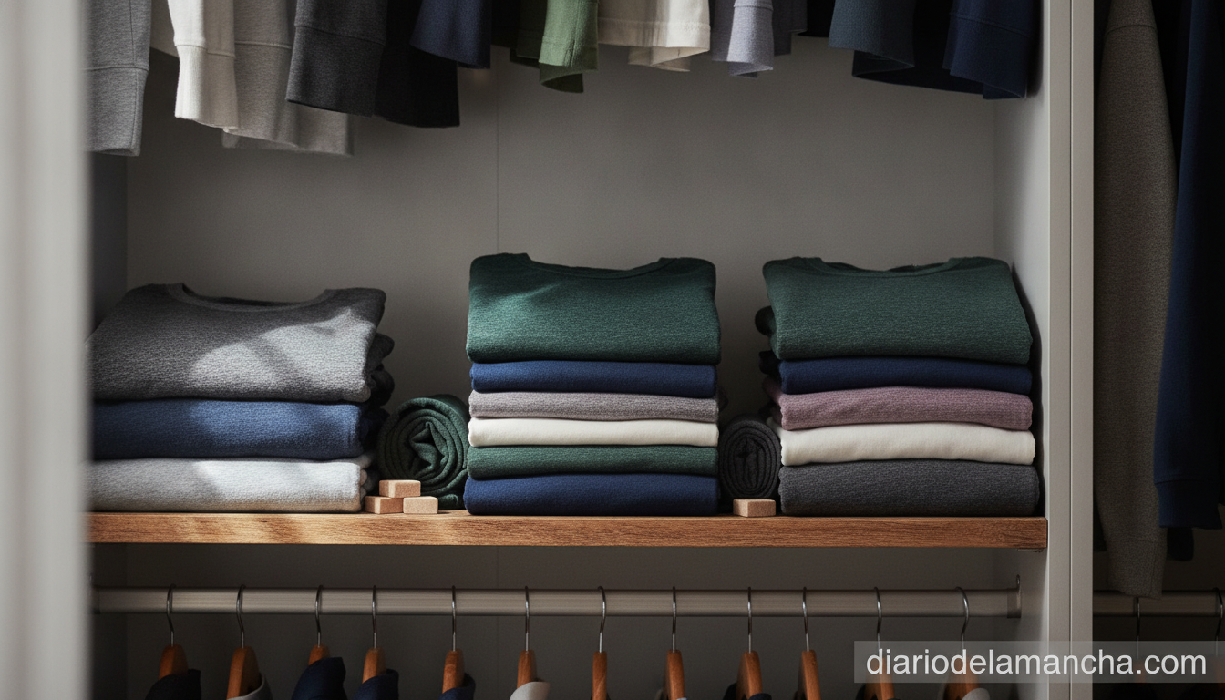 Camisetas termicas para hombre y mujer dobladas en armario