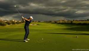Golf tournament scene, a golfer in polo shirt and cap swinging a club on a green fairway golf course in northern Spain, dr...