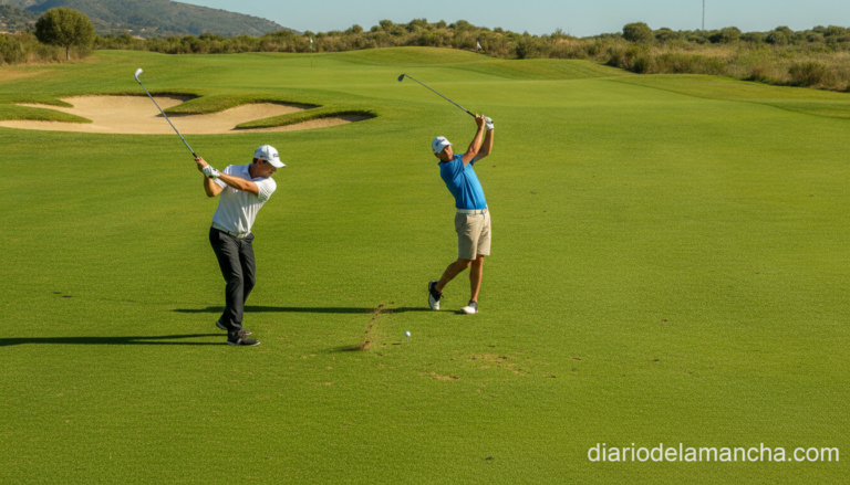Realistic photograph of two golfers playing a doubles tournament on a lush green golf course fairway in Spain, mid-swing a...