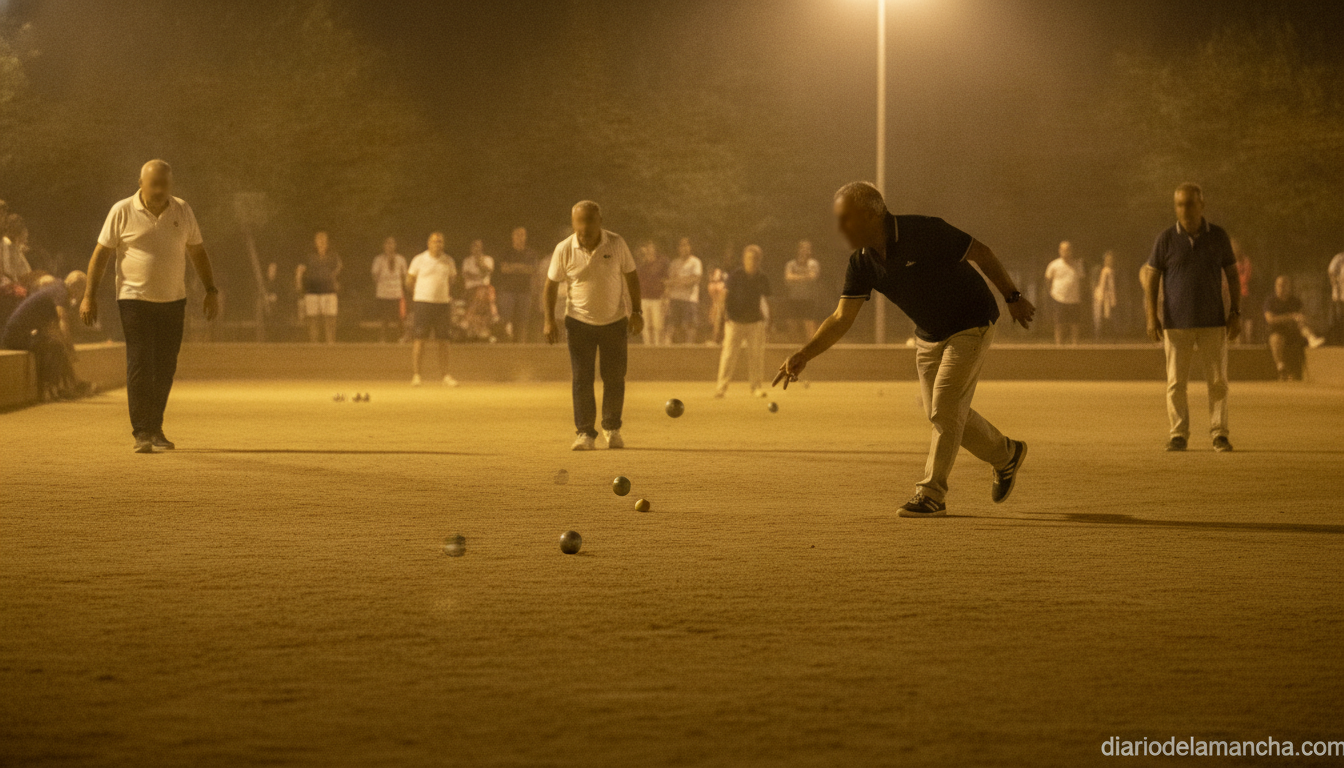 Realistic photojournalism style image of a petanque (petanca) match at night under floodlights in an outdoor park court in...