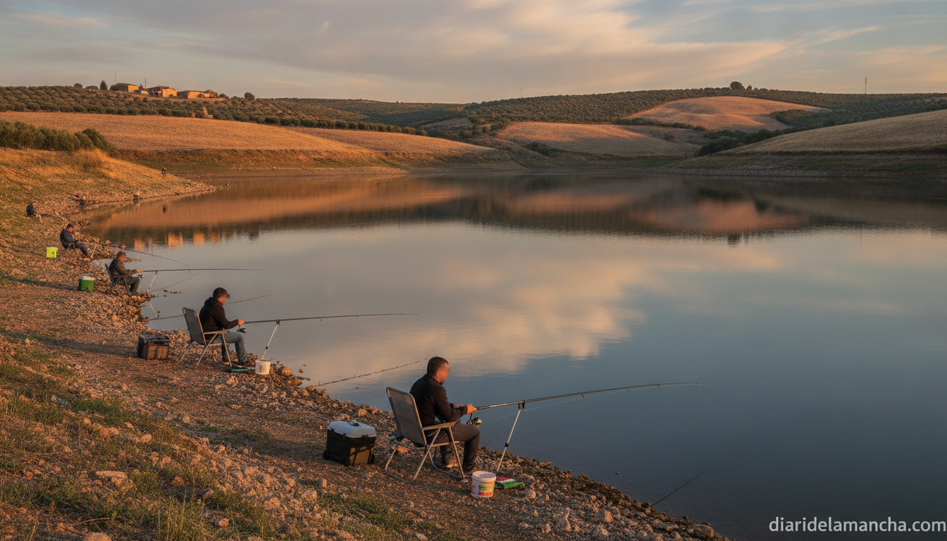 Editorial photo of a calm reservoir in rural Castilla-La Mancha, Spain, at golden hour with anglers fishing from the shore...