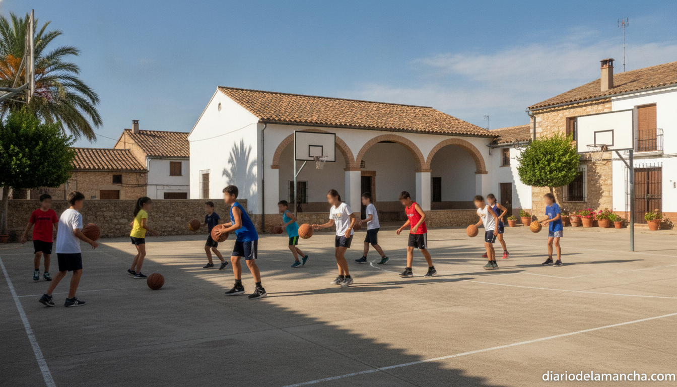 Outdoor summer basketball camp scene at a municipal court in a small Spanish village, children and teenagers in sports clo...