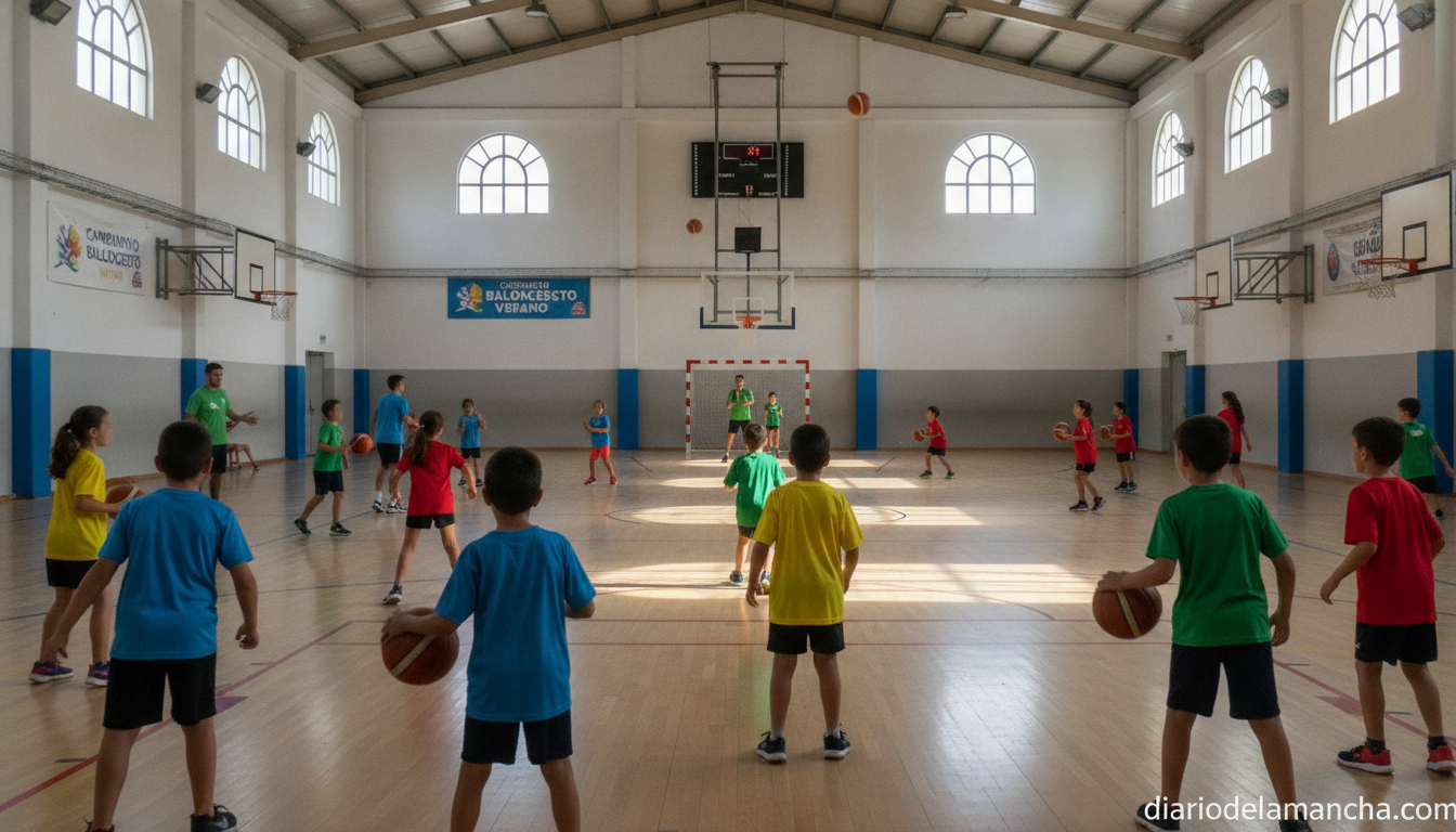 Realistic photojournalism style photo of a children's summer basketball camp in a Spanish municipal sports pavilion, kids ...