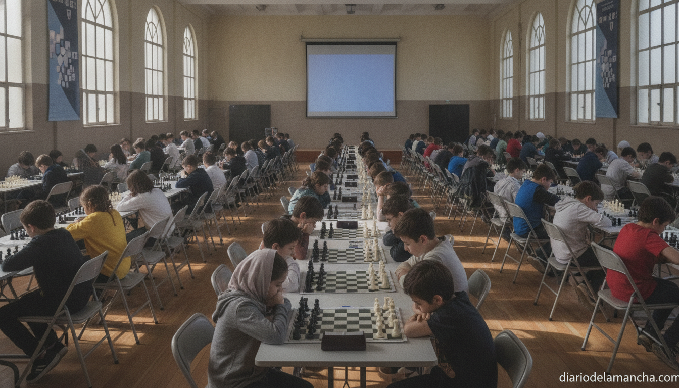 Photojournalistic wide shot of a school gymnasium hall set up for a chess camp opening ceremony, rows of chess boards and ...