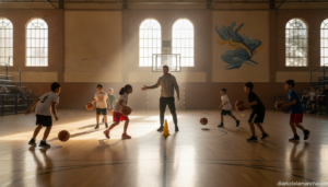 Editorial photo of a youth basketball training camp indoors in a Spanish sports pavilion, players practicing dribbling and...