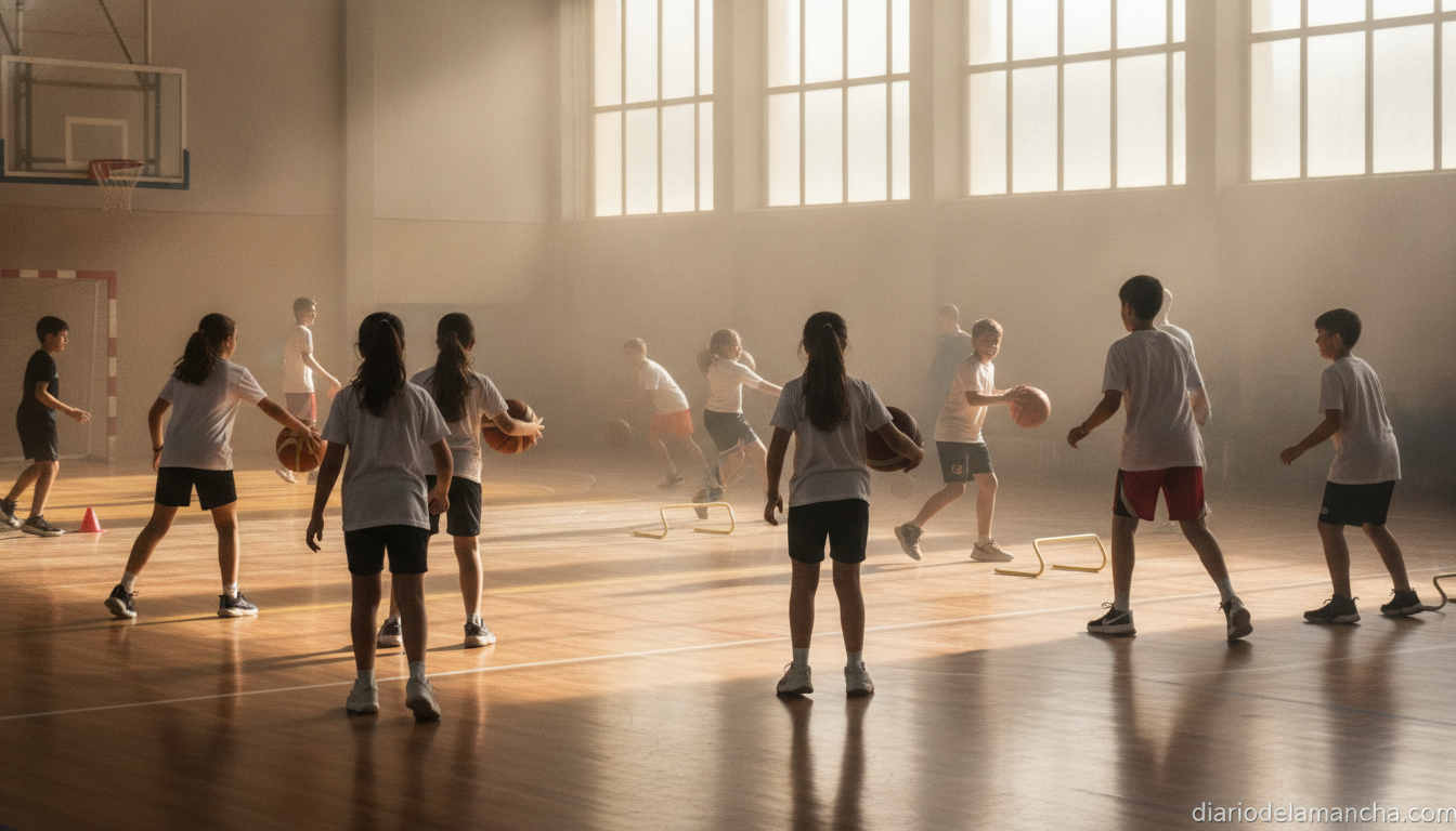 Photo of a youth basketball summer camp, children in sportswear practicing on an indoor basketball court, dribbling and pa...