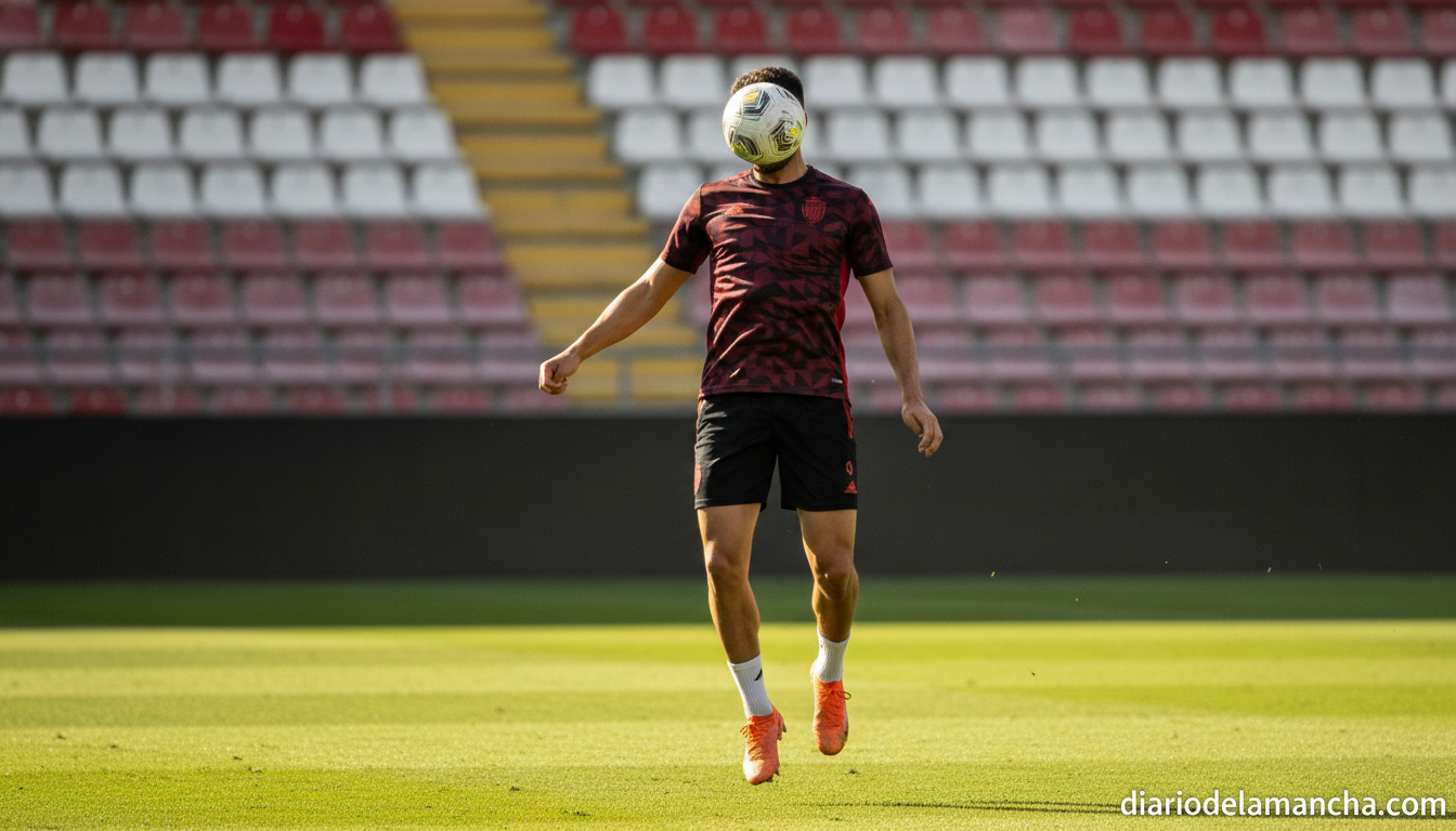 Editorial photo of a Spanish football defender in a dark red and black kit training on a grass pitch, heading or clearing ...