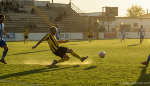 Realistic photojournalism style photo of an amateur football match in a small Spanish town stadium, a veteran left-back de...