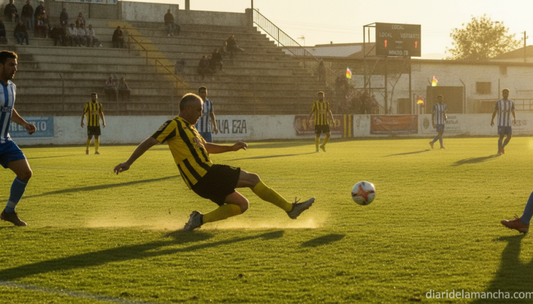 Realistic photojournalism style photo of an amateur football match in a small Spanish town stadium, a veteran left-back de...