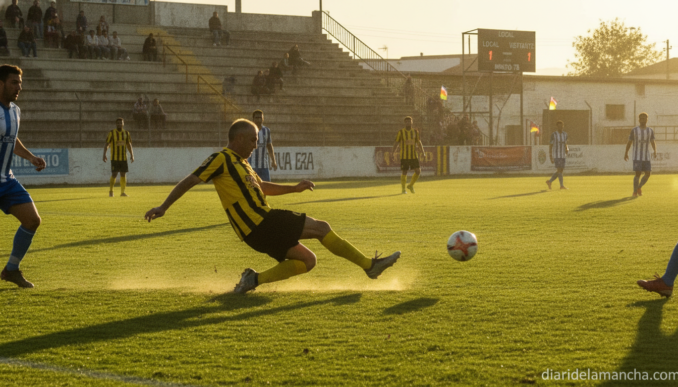 Realistic photojournalism style photo of an amateur football match in a small Spanish town stadium, a veteran left-back de...
