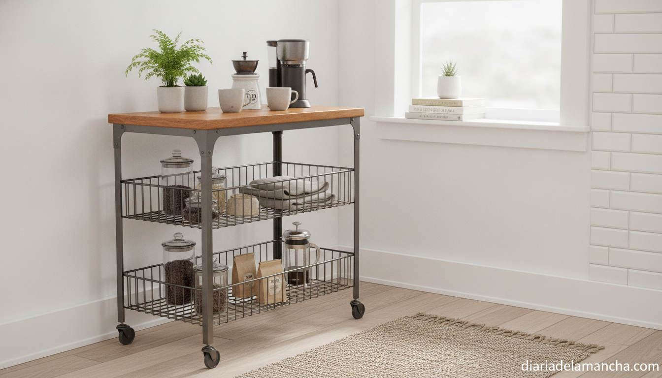 Carrito de almacenamiento metálico de tres baldas en una cocina moderna